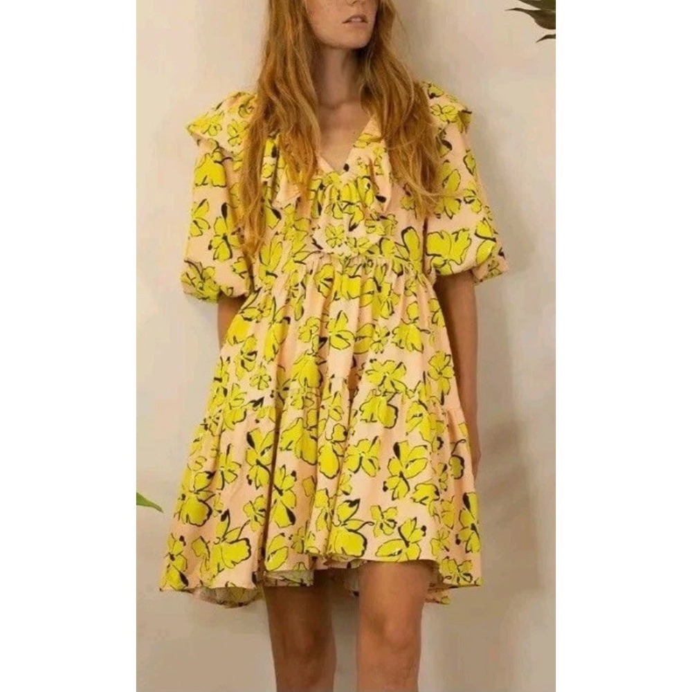 Mulla Tiered Ruffle Dress Yellow‎ Maternity Shoot Baby Shower Balloon Sleeve M